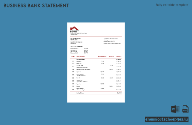 Beispielansicht eines Kontoauszugs für Geschäftskunden der Equity Bank im Word- und PDF-Format